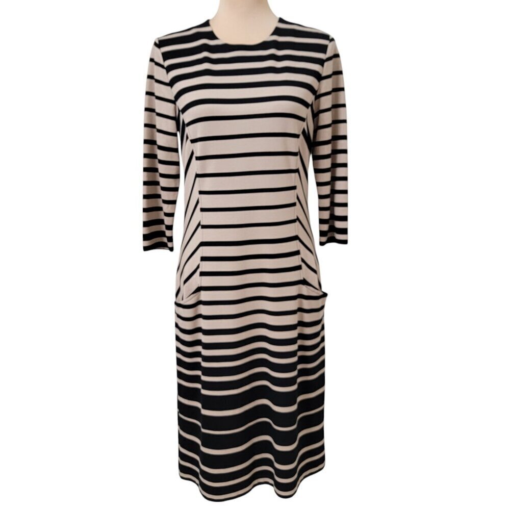 J. McLaughlin Size M Black & Tan Stripe Catalyst 3/4 Sleeve Sheath Dress